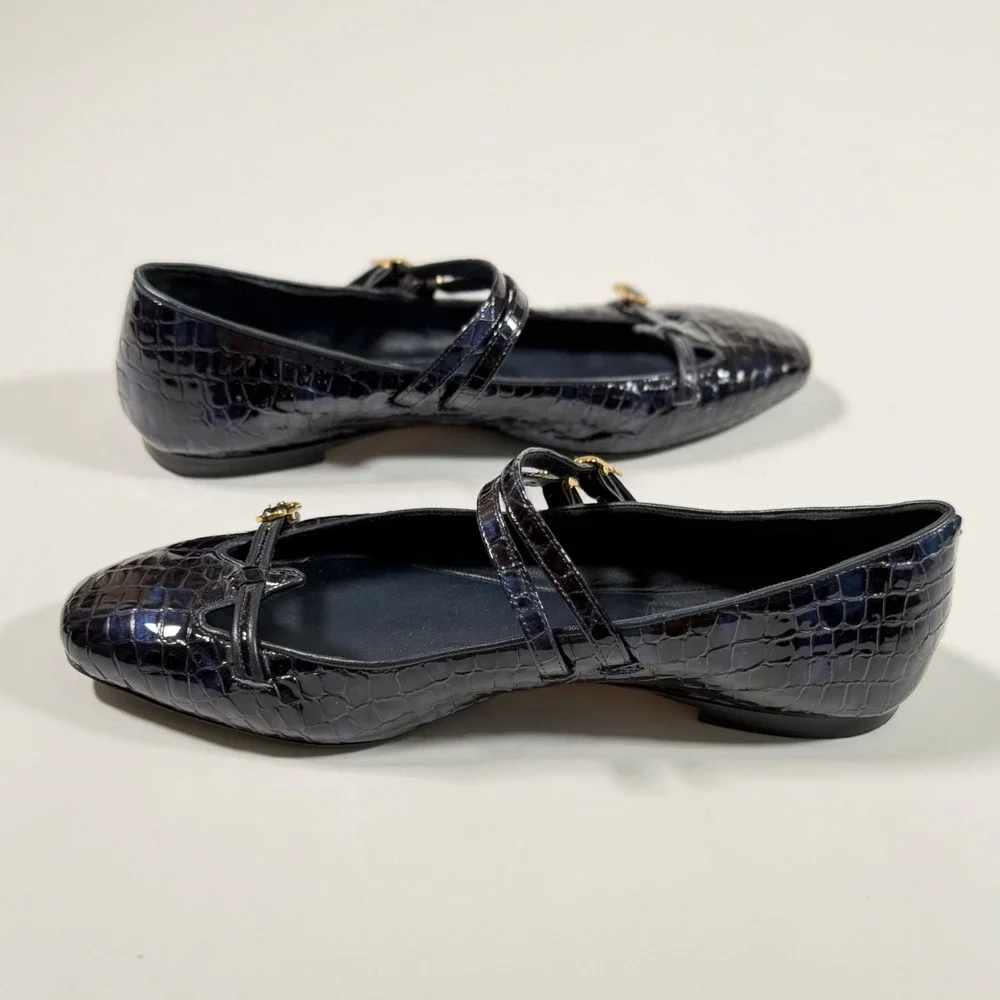 Sarah Flint Navy Croc Embossed Leather Mary Jane Flat 39.5 US 9 Old Money Luxury